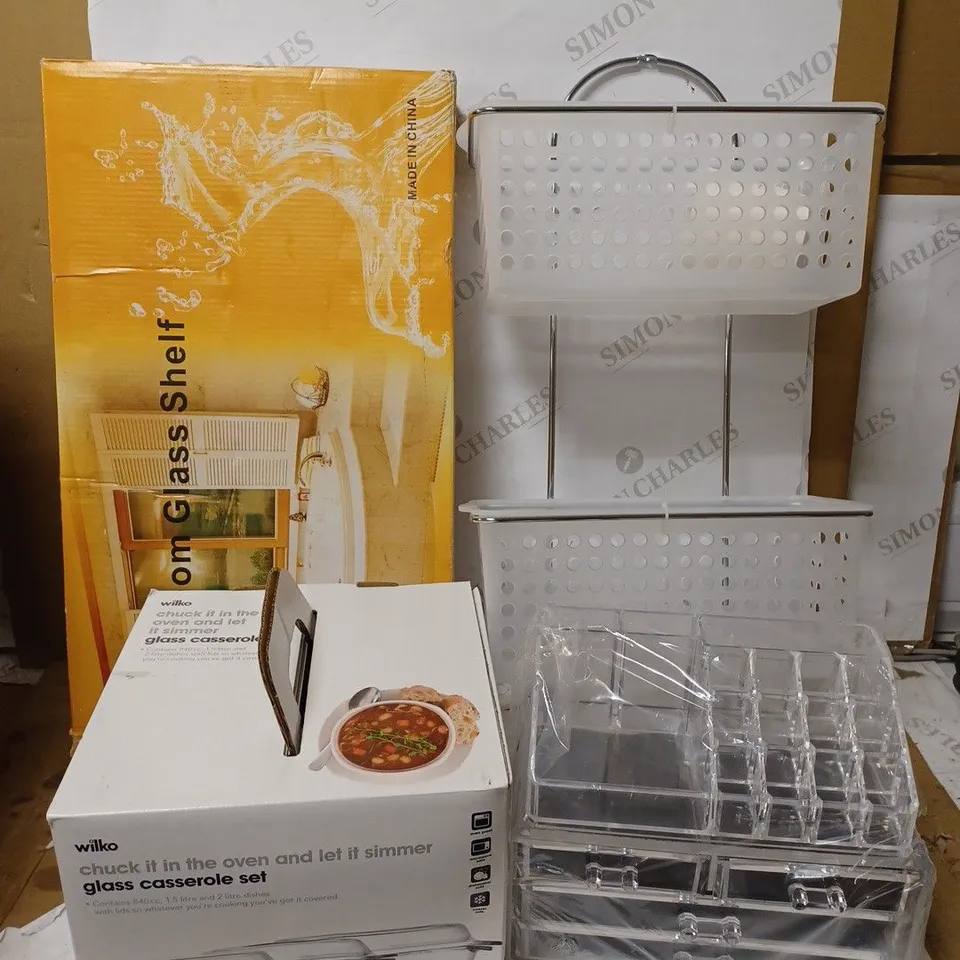 LOT OF APPROX 6 ASSORTED HOUSEHOLD ITEMS TO INCLUDE BATHROOM GLASS SHELF, GLASS CASSEROLE SET, STORAGE BASKET, ETC