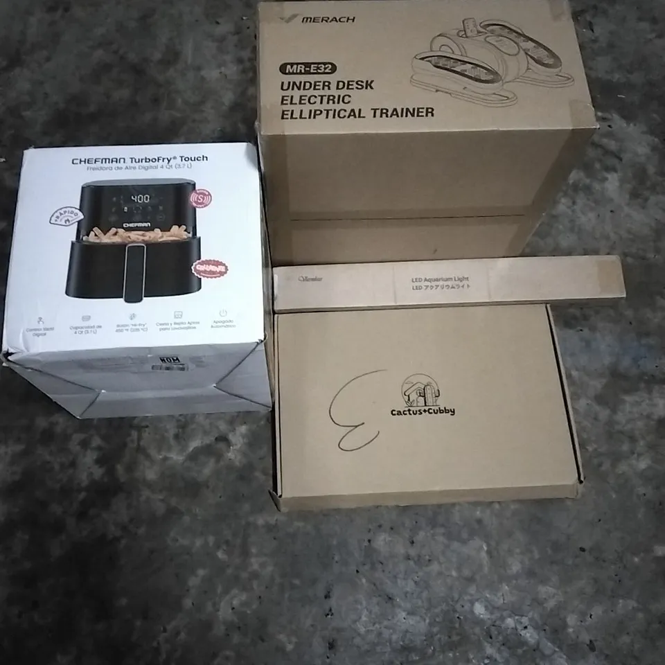 PALLET OF HOUSEHOLD ITEMS TO INCLUDE CHEESEBOARD,  CHEFMAN TURBOFRY,  LED AQUARIUM LIGHT, UNDER DESK ELECTRIC ELLIPTICAL TRAINER AND OTHER ASSORTED...