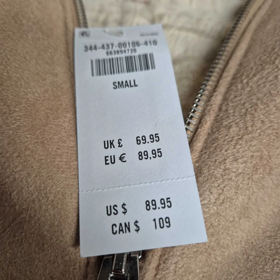 HOLLISTER FAUX SHEARLING JACKET – CAMEL BROWN, SIZE S, ZIP FRONT, MADE IN CAMBODIA