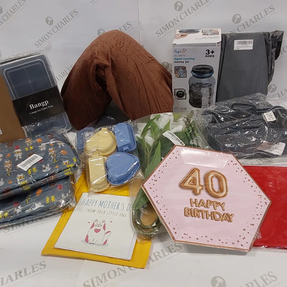 14 BRAND NEW ITEMS TO INCLUDE: BANGP LARGE ICE-CUBE TRAY, PICNIC BAGS, BIRTHDAY PLATES, ARTIFICIAL FLOWER