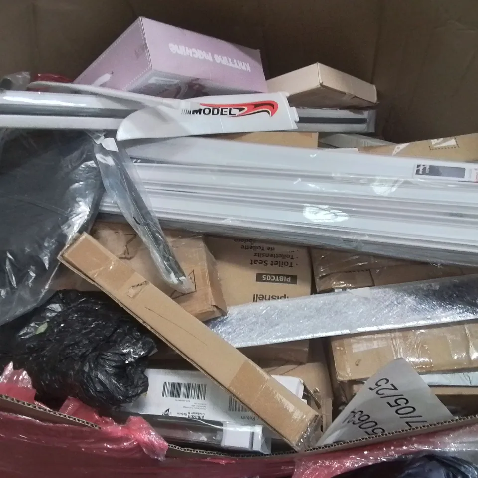 PALLET CONTAINING VARIOUS ASSORTED BOXED HOUSEHOLD ITEMS TO INCLUDE: LARGE THROW, ROCKING DOLLS CRIB, KNITTING MACHINE, ROLLER BLINDS AND LOTS MORE UNMARKED BOXED ITEMS 