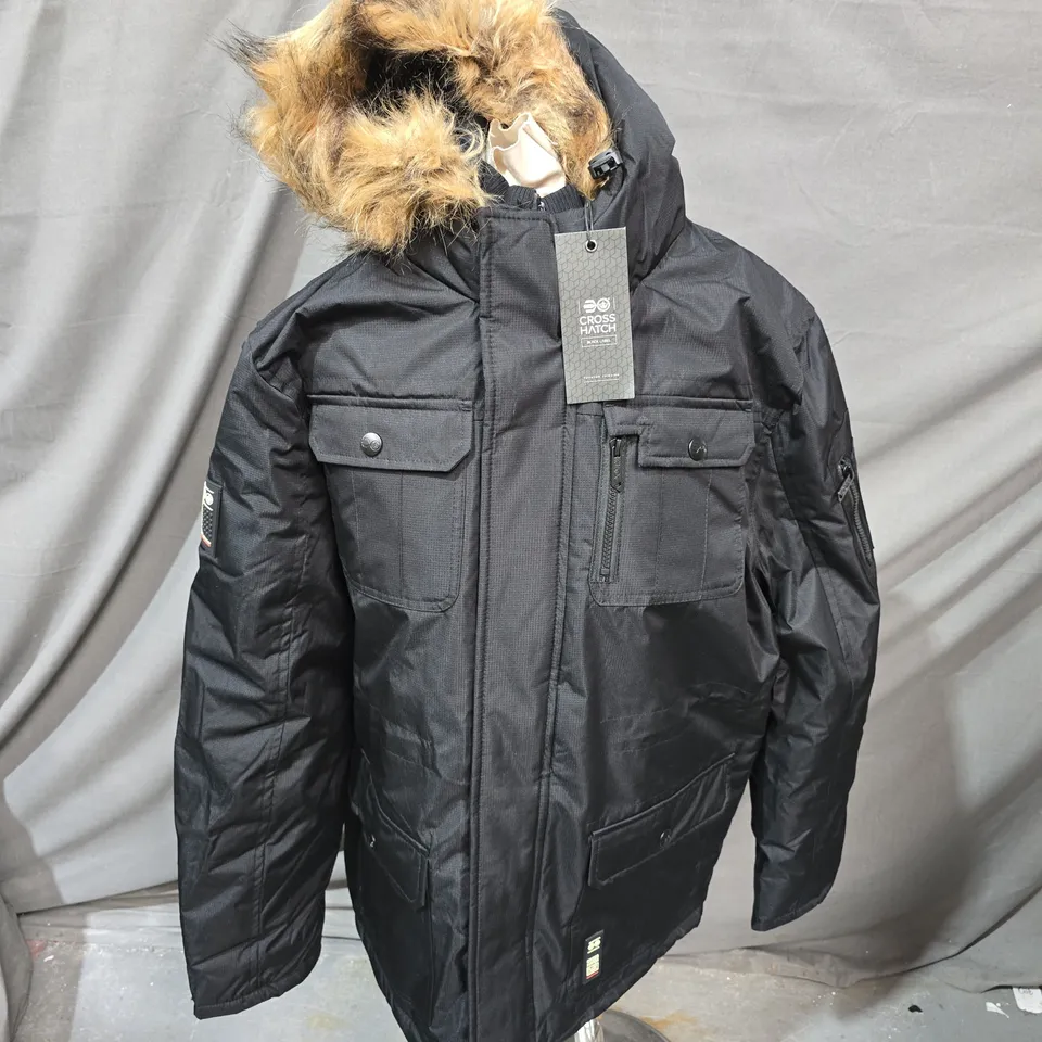 CROSS HATCH BLACK PARKA WITH FAUX FUR HOOD – LARGE