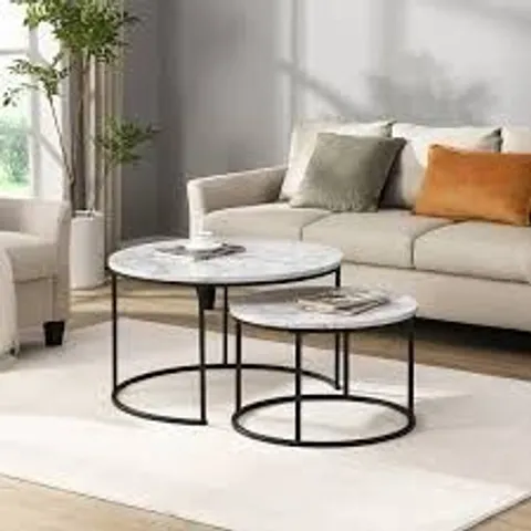 BRAND NEW BOXED BELLINI WOODEN ROUND NESTING COFFEE TABLE IN WHITE MARBLE EFFECT (1 BOX)