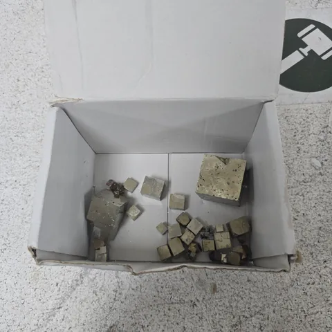 ASSORTED METAL CUBE SAMPLES IN WHITE BOX SUSPECTED PYRITE 