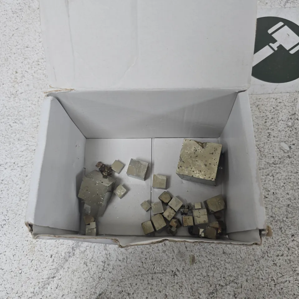 ASSORTED METAL CUBE SAMPLES IN WHITE BOX SUSPECTED PYRITE