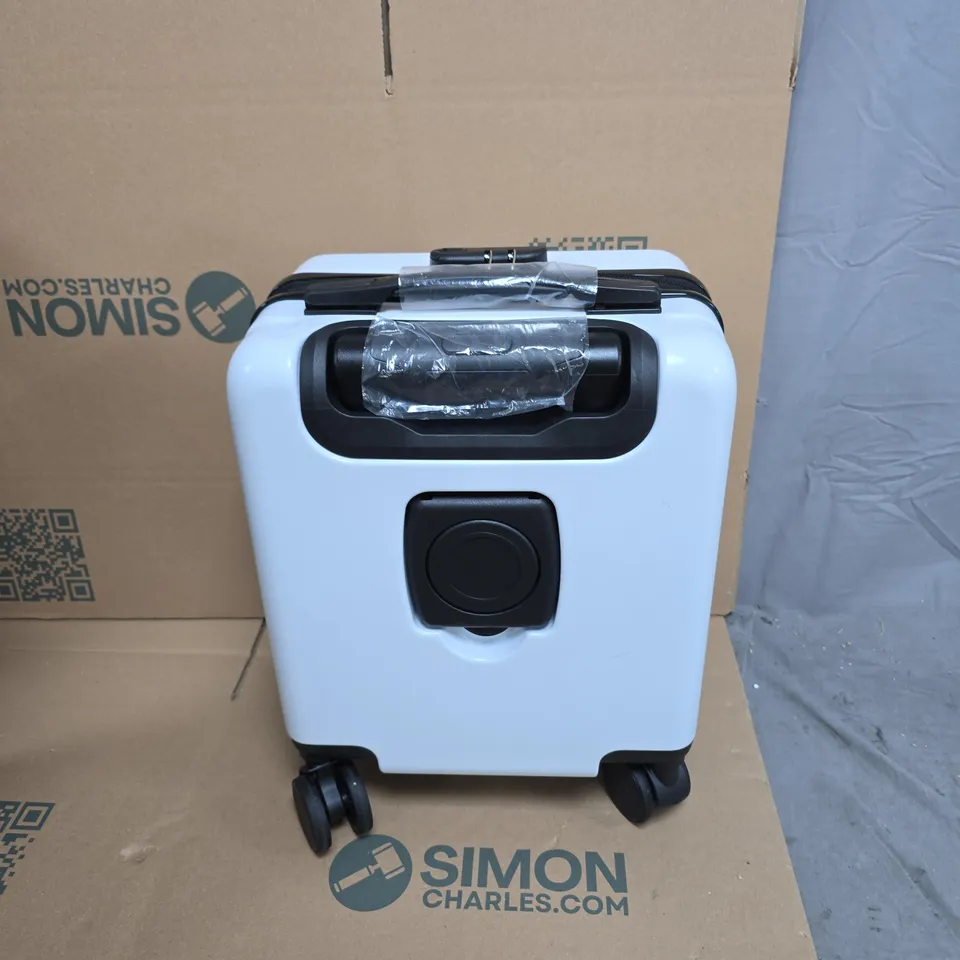 PORTABLE WHITE COMPACT SUITCASE ON WHEELS WITH CARRY HANDLE