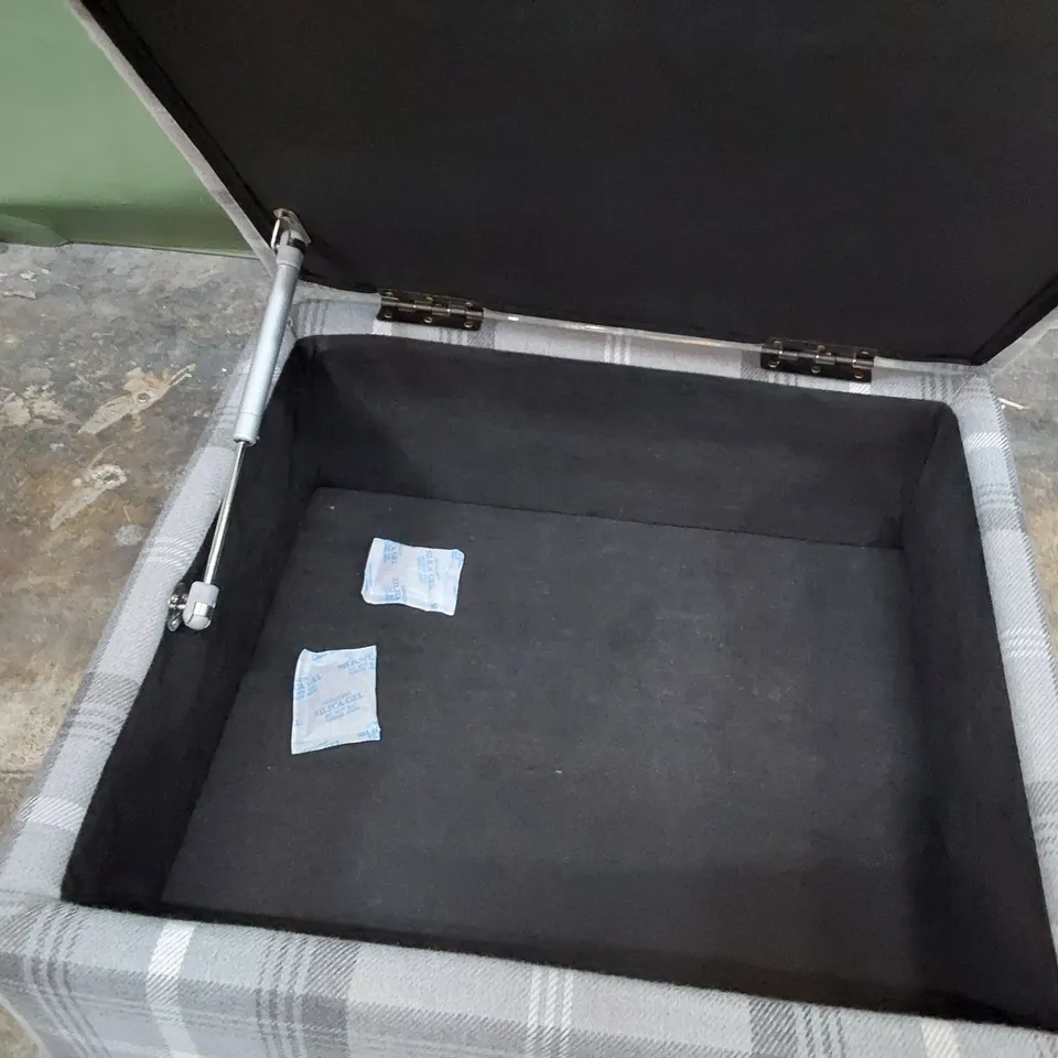 DESIGNER STORAGE FOOTSTOOL GREY CHECKED FABRIC 