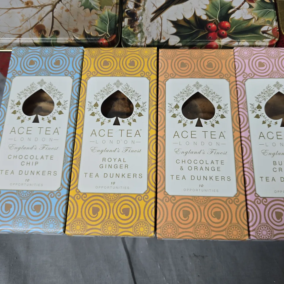 LOT OF 8 ASSORTED FOOD ITEMS TO INCLUDE TINNED CHOCOLATE CHIP COOKIES AND ACE TEA LONDON COOKIES