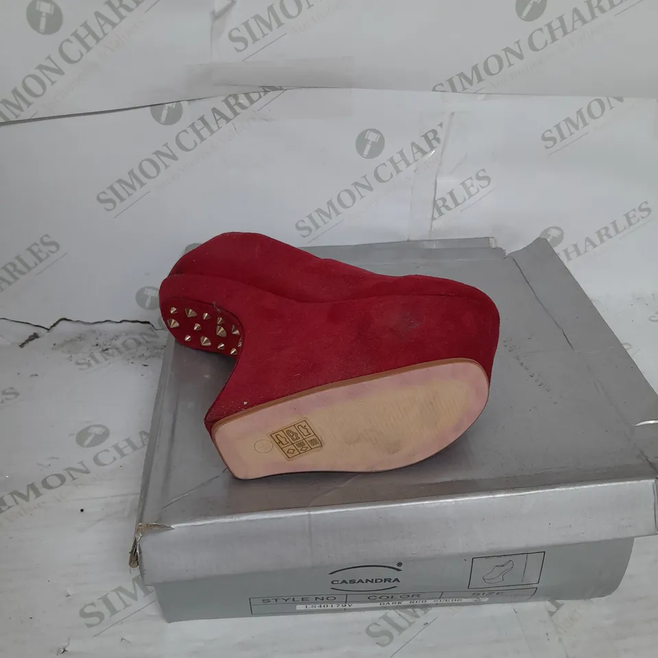 BOXED PAIR OF CASANDRA PLATFORM ANKLE HEEL IN RED SUEDE WITH GOLD STUD DETAIL SIZE 4