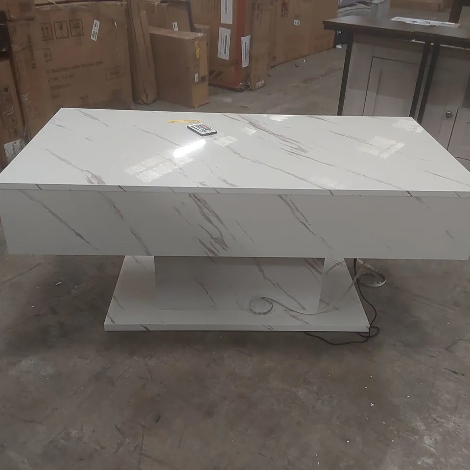 ALPENA HIGH GLOSS LED RECTANGLE COFFEE TABLE WITH OPEN STORAGE COLOUR: WHITE MARBLE EFFECT