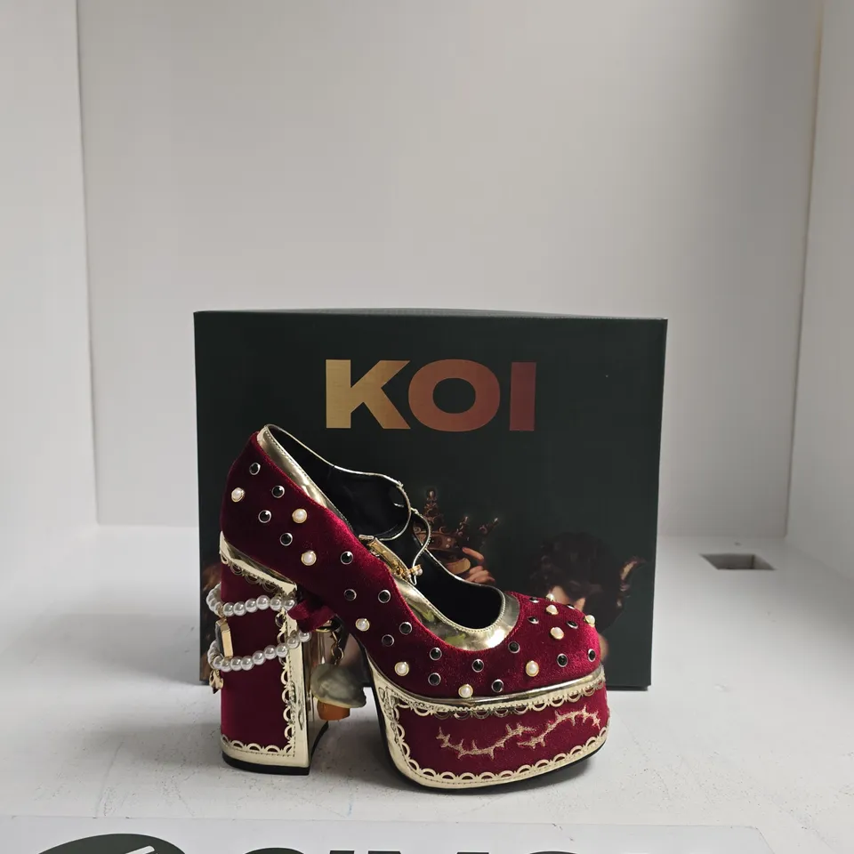 KOI BOLEYN'S VENGEANCE VELVET PLATFORM HEELS WITH PEARL EMBELLISHMENTS – BURGUNDY RED UK SIZE 5