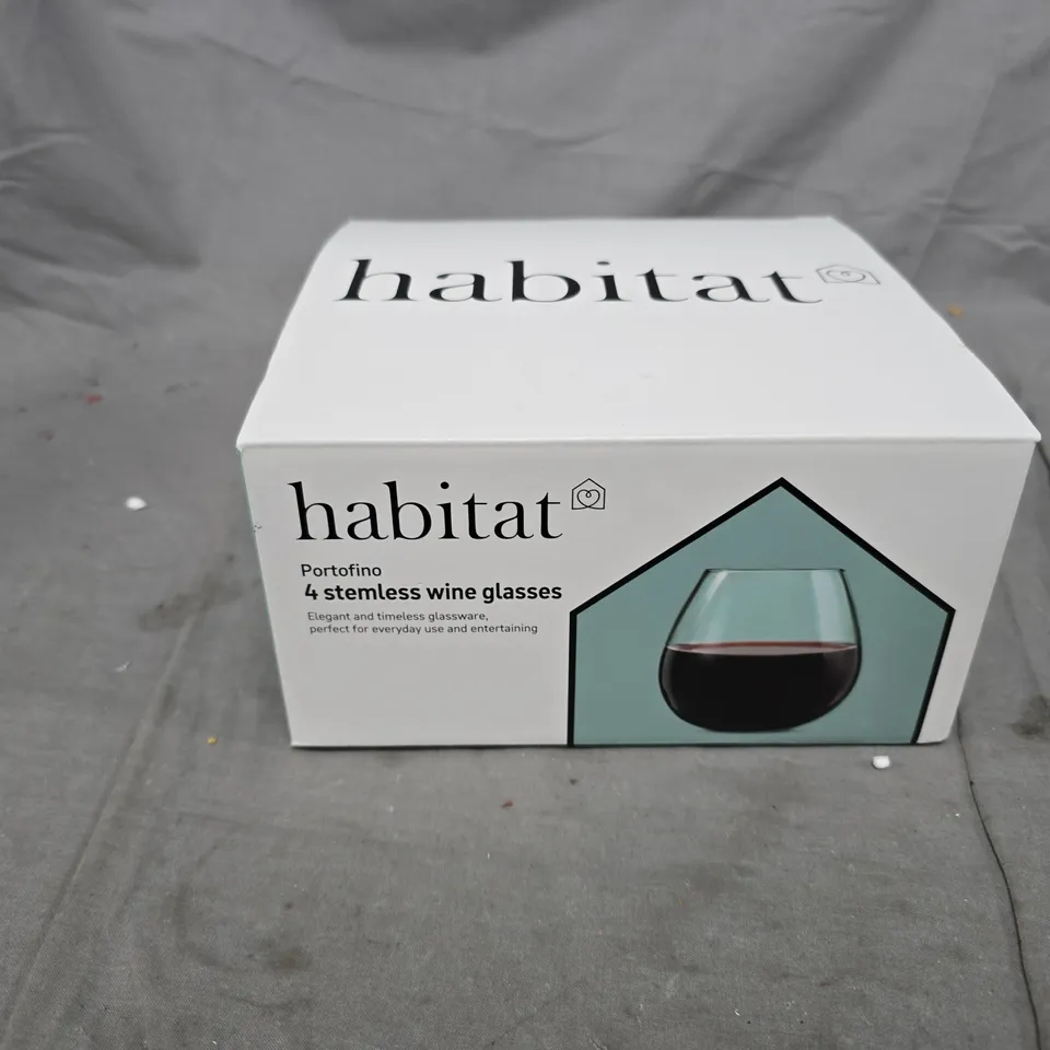 HABITAT PORTOFINO 4 STEMLESS WINE GLASSES – BOXED