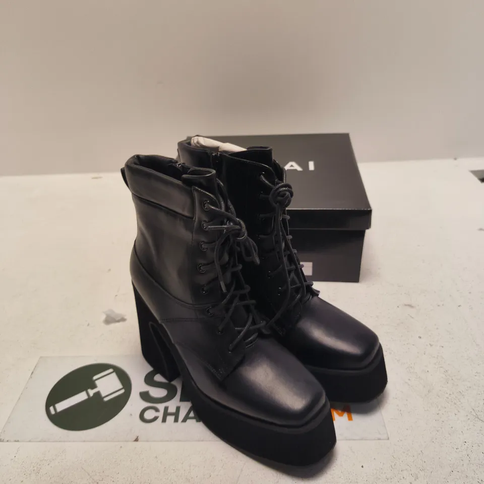 BLACK PU LEATHER LACE-UP PLATFORM BOOTS GT24, UK 5 (EU 38)