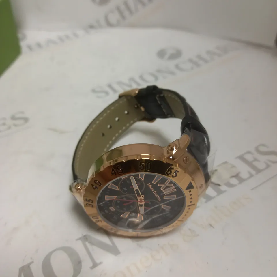 BOXED MANN EGERTON DIMENSIONS ROSE BLACK STRAP WATCH