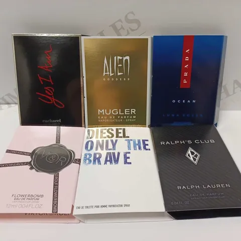 BOX OF APPROX 10 X 6 ASSORTED FRAGRANCE SAMPLES TO INCLUDE MUGLER ALIEN GODDESS, VIKTOR & ROLF FLOWERBOMB, PRADA OCEAN LUNA ROSSA, ETC