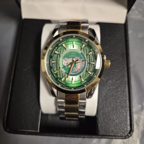 ERNEST FERDINAND GREEN DIAL WORLD MAP WATCH WITH METAL STRAP IN BOX