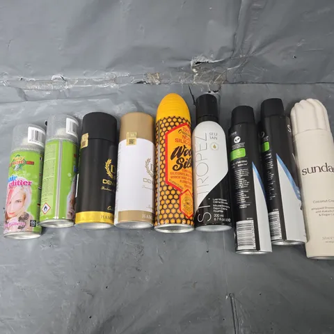 APPROXIMATELY 15 ASSORTED AEROSOLS TO INCLUDE BODY SPRAY, SELF TAN, AND HAIR GLITTER ETC. 