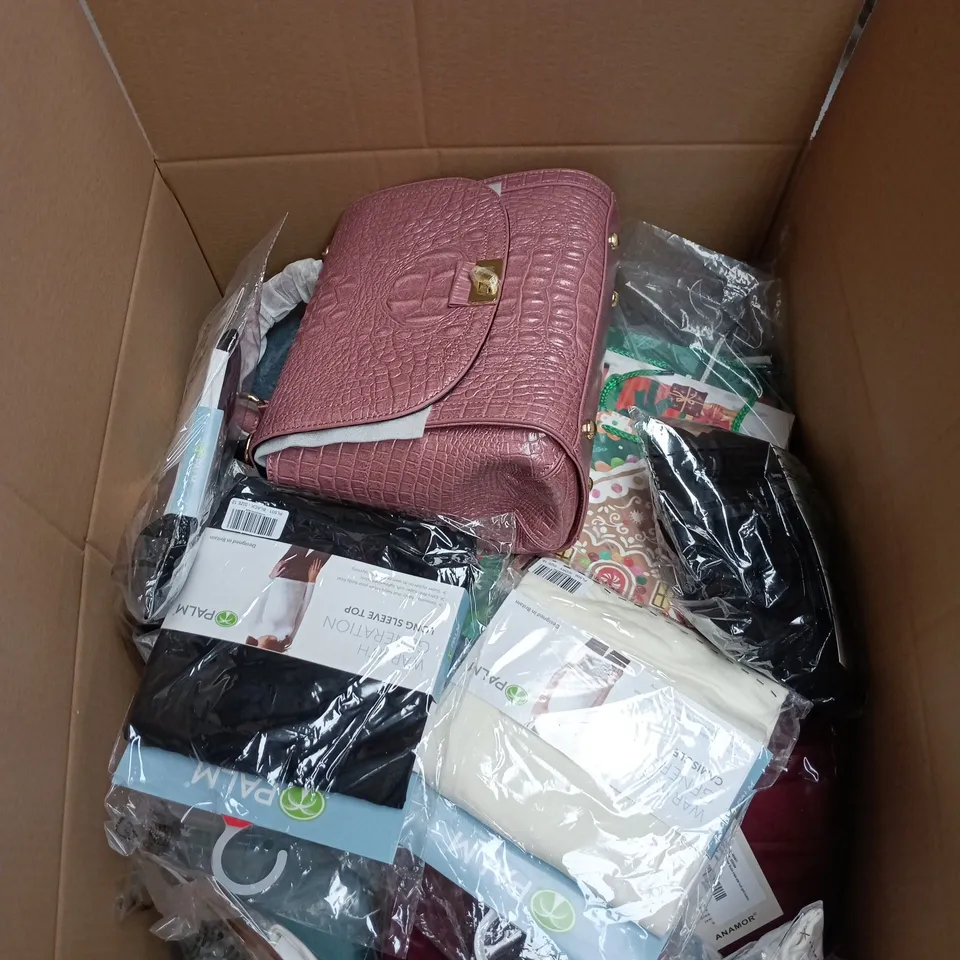 BOX OF APPROXIMATELY 20 ASSORTED ITEMS TO INCLUDE ANAMOR CLOTHING, LEATHER HAND BAG, CHRISTMAS GIFT BAGS ETC