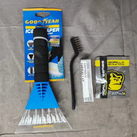 APPROXIMATELY 10 ASSORTED ITEMS TO INCLUDE GOODYEAR ICE SCRAPER, GORILLA BRAKE PADS, ETC