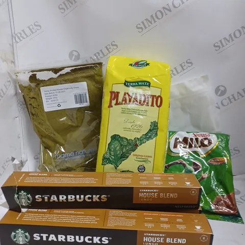 ASSORTMENT OF ITEMS INCLUDING HEMP PROTEIN POWDER, STARBUCKS COFFEE PODS, MILO CHOCOLATE DRINK AND PLAYADITO BAG 