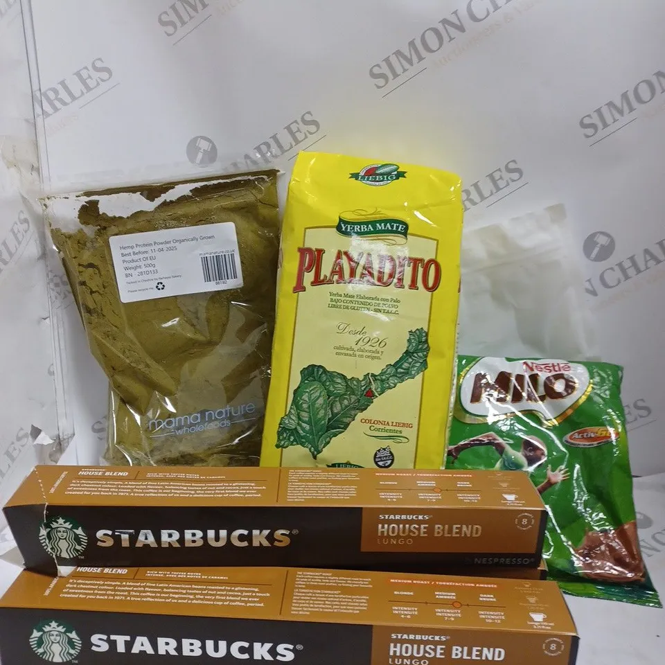 ASSORTMENT OF ITEMS INCLUDING HEMP PROTEIN POWDER, STARBUCKS COFFEE PODS, MILO CHOCOLATE DRINK AND PLAYADITO BAG 