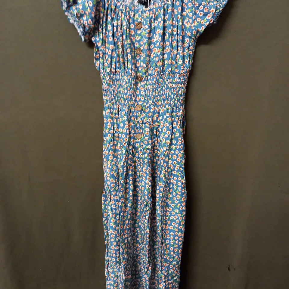 KURT MULLER WOMAN PUFFY SLEEVE MAXI DRESS IN FLORAL DESIGN IN BLUE - S/M