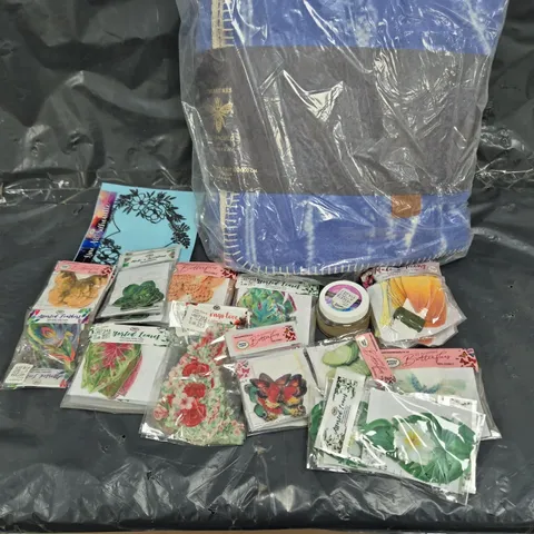 BOX OF ASSORTED ITEMS TO INCLUDE COTTON PLAID, PAPER CONDITIONER AND ROSE PETALS