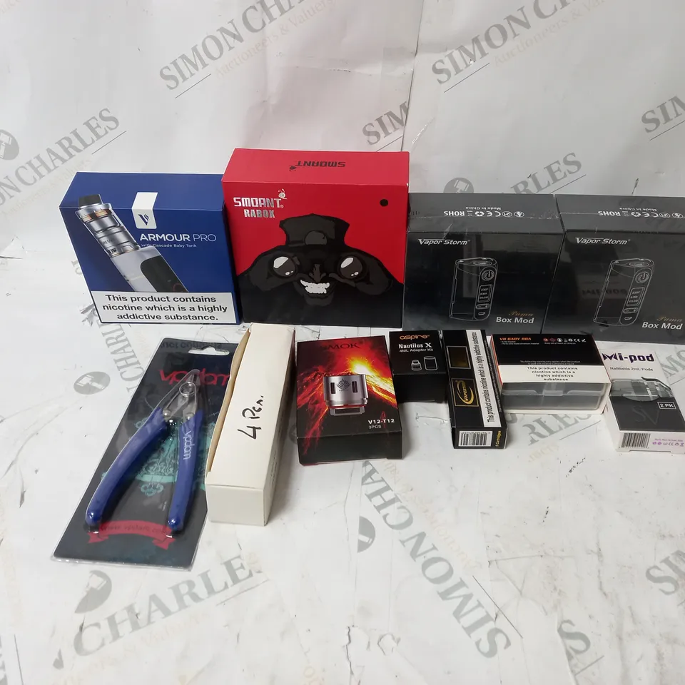 BOX OF APPROXIMATELY 10 ASSORTED E-CIG PRODUCTS TO INCLUDE ASPIRE, SMOK, VAPOR STORM 