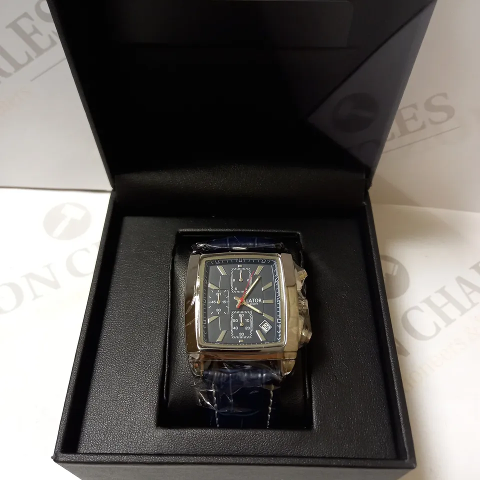LATOR CALIBRE BLUE TRIPLE DIAL CROC LEATHER STRAP WATCH RRP £585