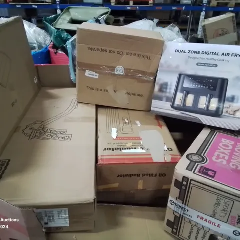 MIXED PALLET OF VARIOUS HOUSEHOLD ITEMS TO INCLUDE: KIDS SLIDE, OIL FILLED RADIATOR, DUAL ZONE DIGITAL AIR FRYER AND LOTS MORE UNMARKED BOXED ITEMS 