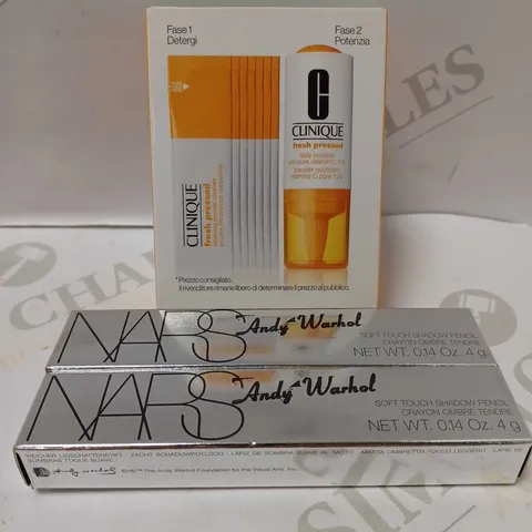 LOT OF 3 ASSORTED BEAUTY PRODUCTS TO INCLUDE CLINIQUE FRESH PRESSED 7-DAY SYSTEM WITH PURE VITAMIN C & 2 X NARS ANDY WARHOL SOFT TOUCH SHADOW PENCILS #EMPIRE 8210