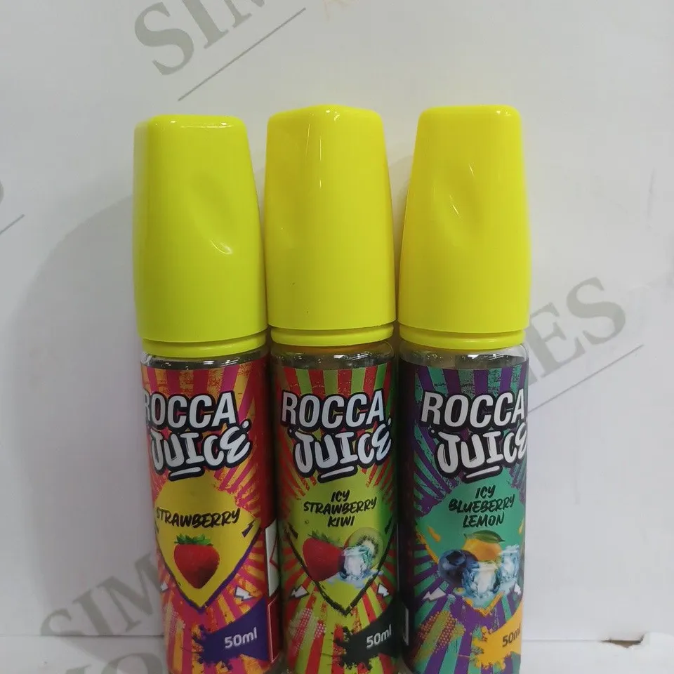 BOX OF APPROX 50 ROCCA JUICE VAPE LIQUID BOTTLES (50ML) IN DIFFERENT FLAVOURS TO INCLUDE - STRAWBERRY - ICY BLUEBERRY LEMON - ICY STRAWBERRY KIWI - COLLECTION ONLY