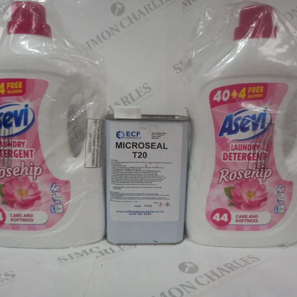 3 ASSORTED LIQUIDS TO INCLUDE ASEVI LAUNDRY DETERGENT, AND ECF MICROSEAL T20