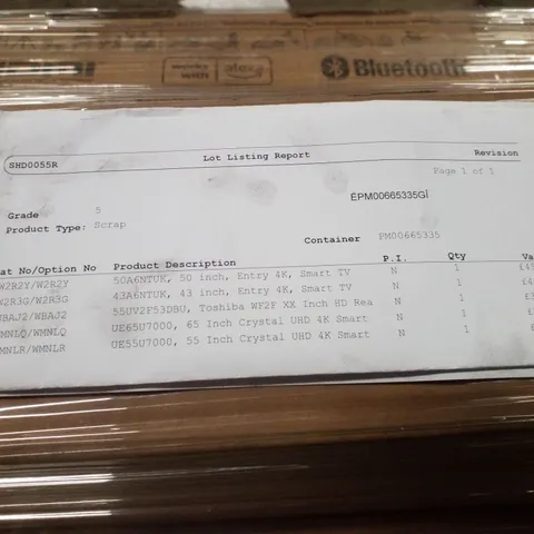 PALLET OF FIVE ASSORTED WAREHOUSE DAMAGED TV'S TO INCLUDE;