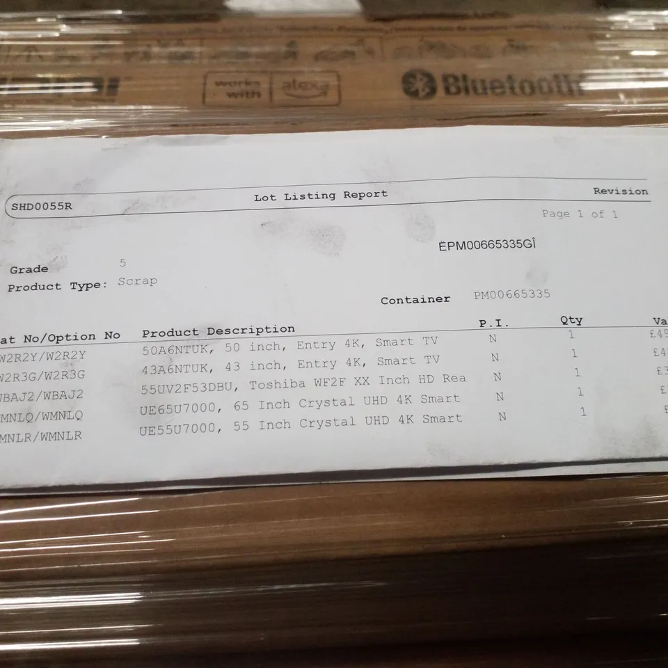PALLET OF FIVE ASSORTED WAREHOUSE DAMAGED TV'S TO INCLUDE;