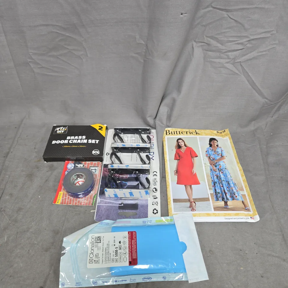 APPROXIMATELY 20 ASSORTED HOUSEHOLD ITEMS TO INCLUDE BUTTERICK PETITE DRESS, BRASS DOOR CHAIN SET, DOUBLE SIDED TAPE, ADHESIVE TAPE ETC