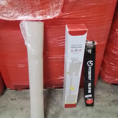 PALLET OF ASSORTED HOUSEHOLD GOODS AND PRODUCTS TO INCLUDE;PULL UP BAR,RETRACTABLE SAFETY GATE,AREA RUG