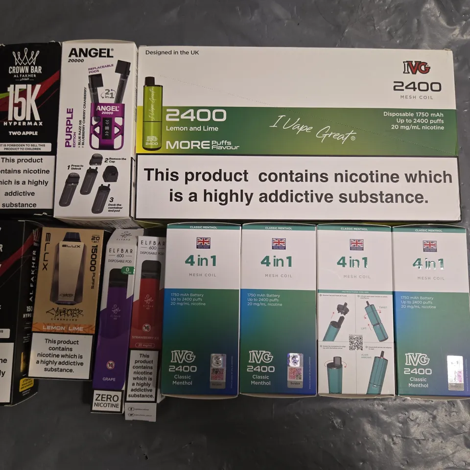 APPROXIMATELY 35 ASSORTED E-CIGARETTE PRODUCTS TO INCLUDE - IVG AND CROWN BAR