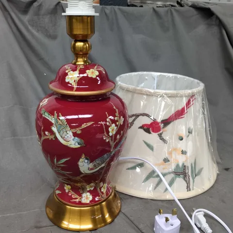 PORCELAIN TABLE LAMP WITH RED GLAZE AND BIRD MOTIF – BRASS EFFECT BASE, EMBROIDERED SHADE INCLUDED