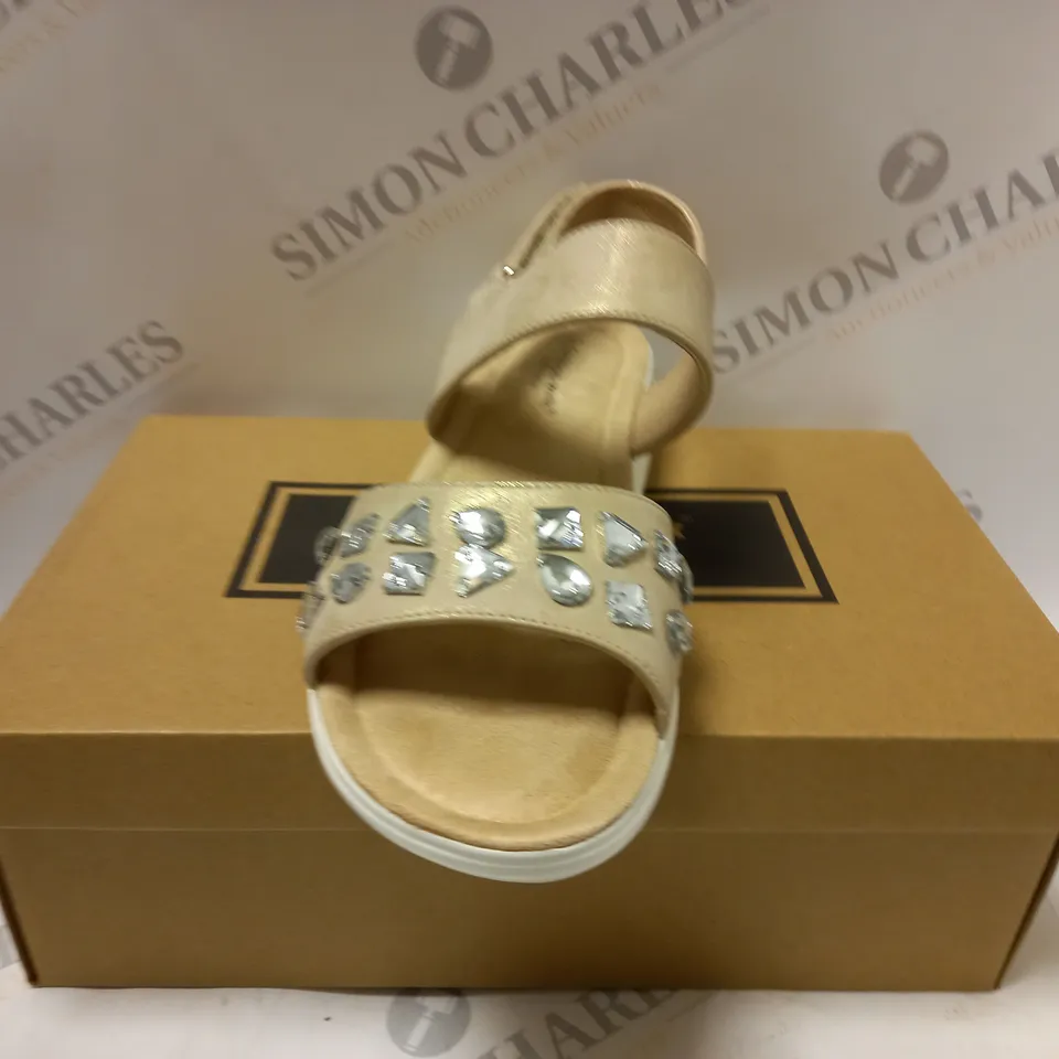 BOXED PAIR OF CUSHION WALK JEWELLED SANDALS, GOLD - SIZE 5