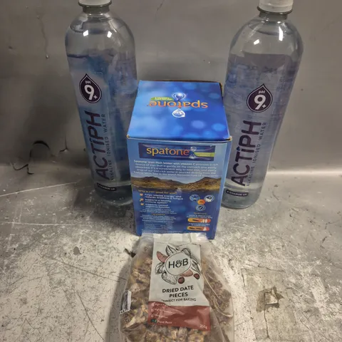 APPROXIMATELY 15 ASSORTED FOOD/DRINK PRODUCTS TO INCLUDE DATE PIECES, SPATONE SHOTS, IONISED WATER ETC 