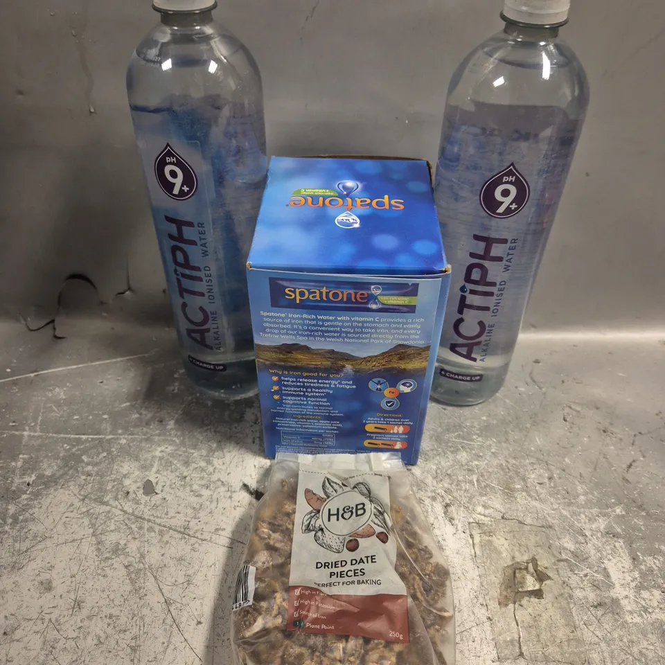 APPROXIMATELY 15 ASSORTED FOOD/DRINK PRODUCTS TO INCLUDE DATE PIECES, SPATONE SHOTS, IONISED WATER ETC 