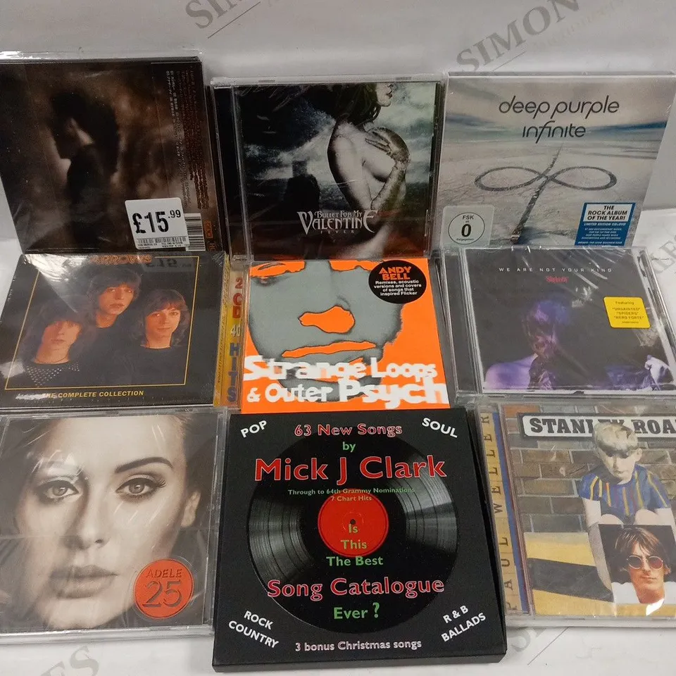 APPROXIMATELY 80 ASSORTED CDS TO INCLUDE; ANDY BELL, DEEP PURPLE, SLIPKNOT, ADELE, PAUL WELLER, LOUIS TOMLINSON, SAM SMITH, BULLET FOR MY VALENTINE, SPITTING IMAGE AND PADDY JOE