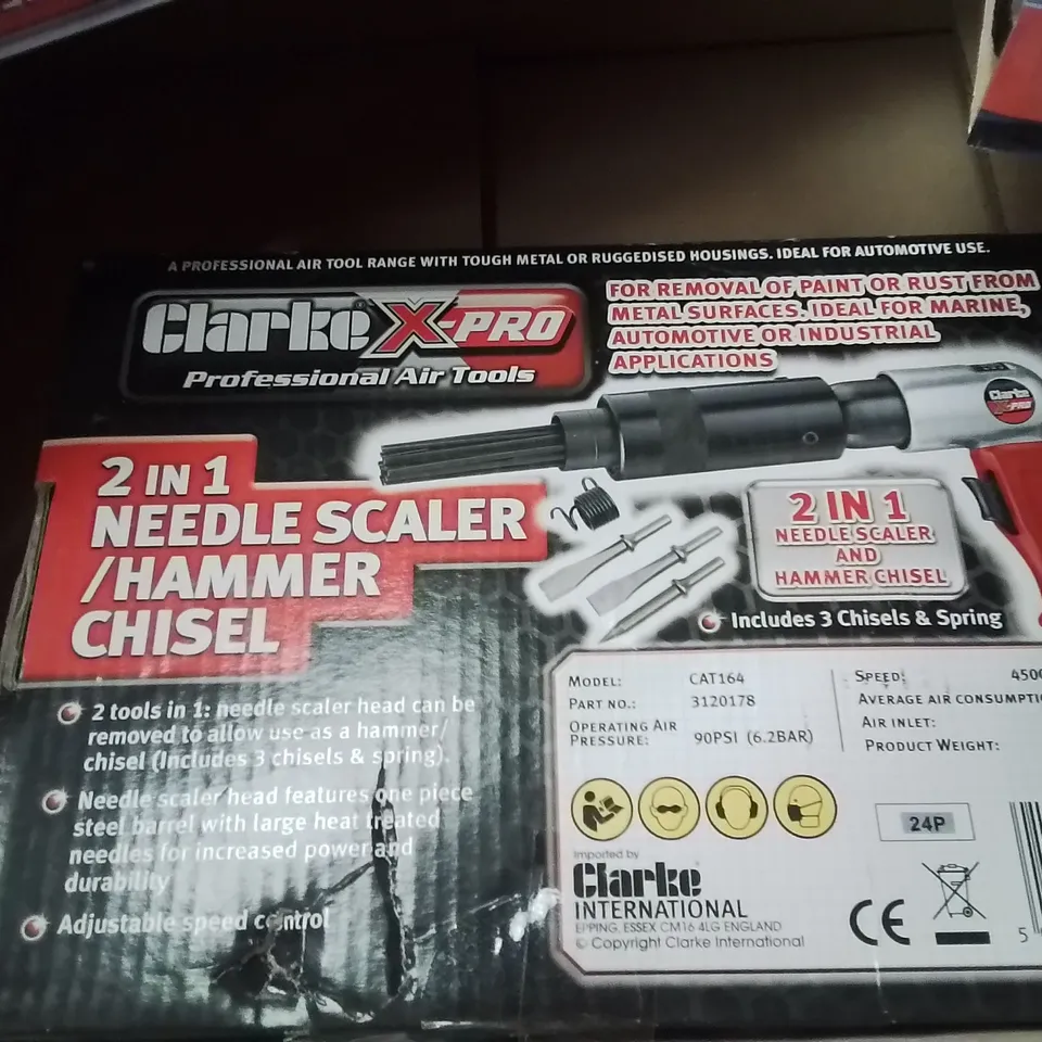 MIXED BOX OF TOOLS TO INCLUDE: CLARKE 40 PIECE TORX/SPLINE AND BIT HOLDER SET, 2 IN 1 NEEDLE SCALER/HAMMER CHISEL