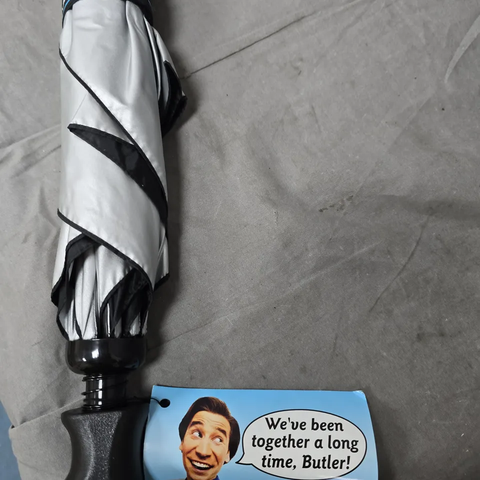 LAMBERT AND BUTLER COMPACT TRAVEL UMBRELLA WITH SLEEVE – GREY/BLACK WITH BLUE TRIM