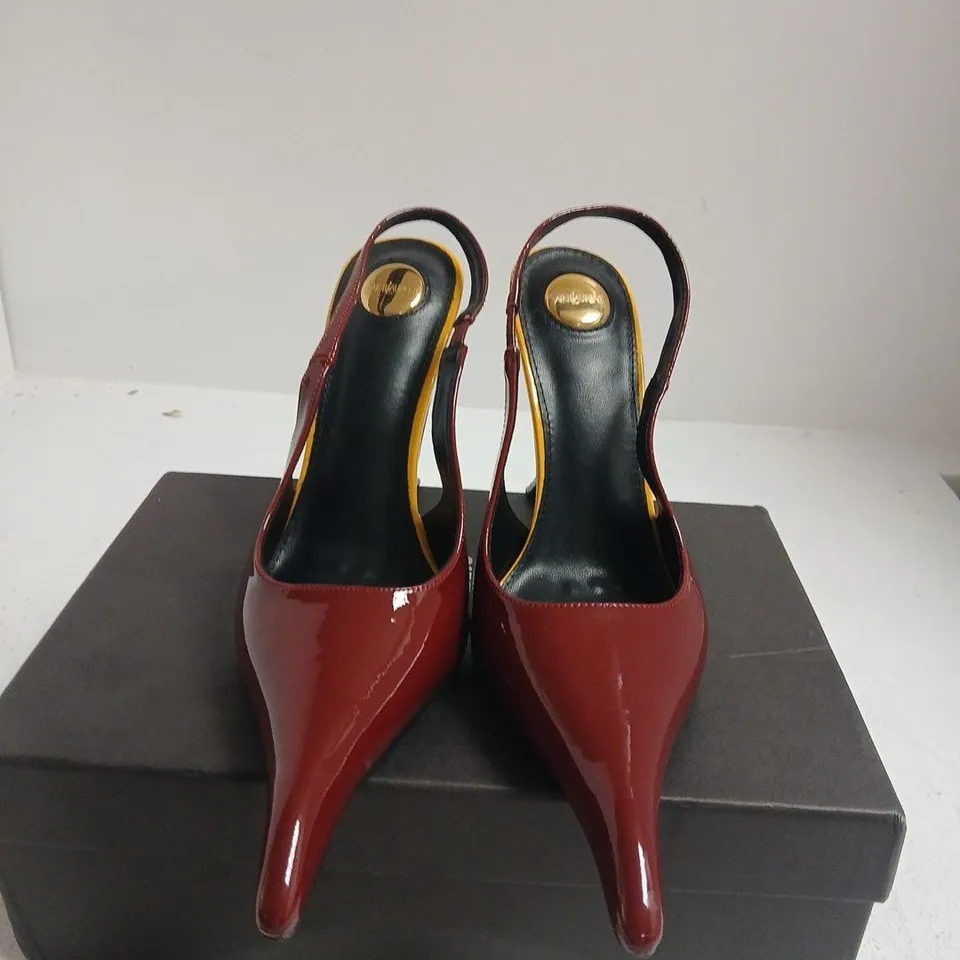 BOXED PAIR OF SAINT LAURENT WOMEN'S RED PATENT SLINGBACK HIGH-HEEL SHOES - SIZE UNSPECIFIED