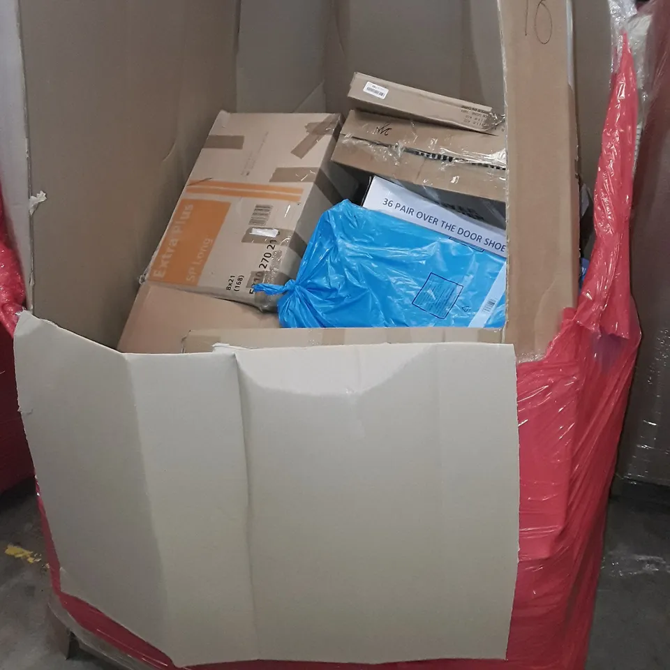 PALLET OF ASSORTED HOUSEHOLD ITEMS TO INCLUDE FOLDING BATHTUB, STORAGE OTTOMAN, CAMPING TENT AND LAUNDRY HAMPER