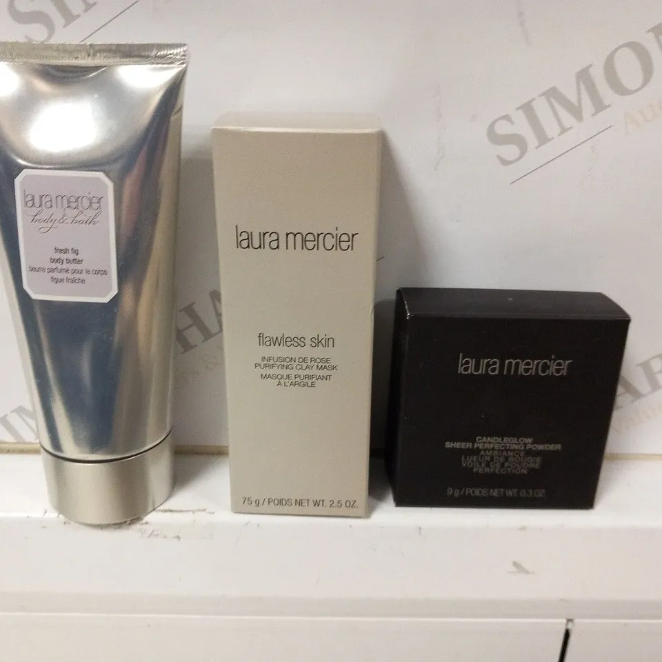 APPROXIMATELY 20 ASSORTED LAURA MERCIER COSMETICS PRODUCTS TO INCLUDE; FLAWLESS SKIN PURIFYING CLAY MASK 75G(14), FRESH FIG BODY BUTTER 170G(3) AND CANDLEGLOW SHEER PERFECTING POWDER 9G(3)