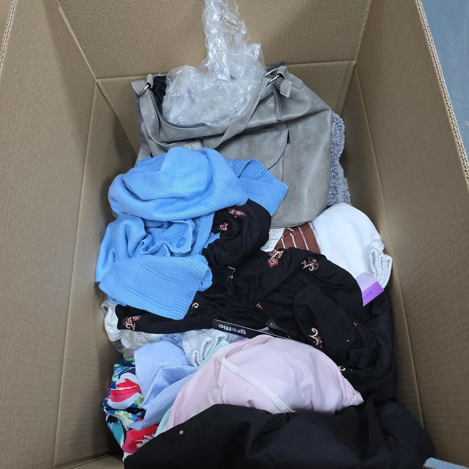 BOX OF APPROXIMATELY 20 ASSORTED CLOTHING ITEMS TO INCLUDE HAND BAG, FULL SIZE BRIEFS ETC