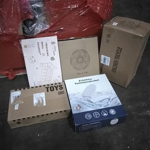 PALLET OF HOUSEHOLD ITEMS TO INCLUDE TOYS,ROCKING DOLL CRADLE, BOXING MACHINE, TOILET, CHILDREN'S TRICYCLE AND OTHER ASSORTED ITEMS...